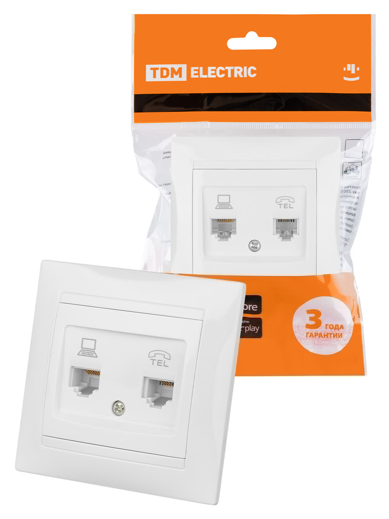 Розетка телефонная RJ11 + компьютерная RJ45 белая "Лама" TDM