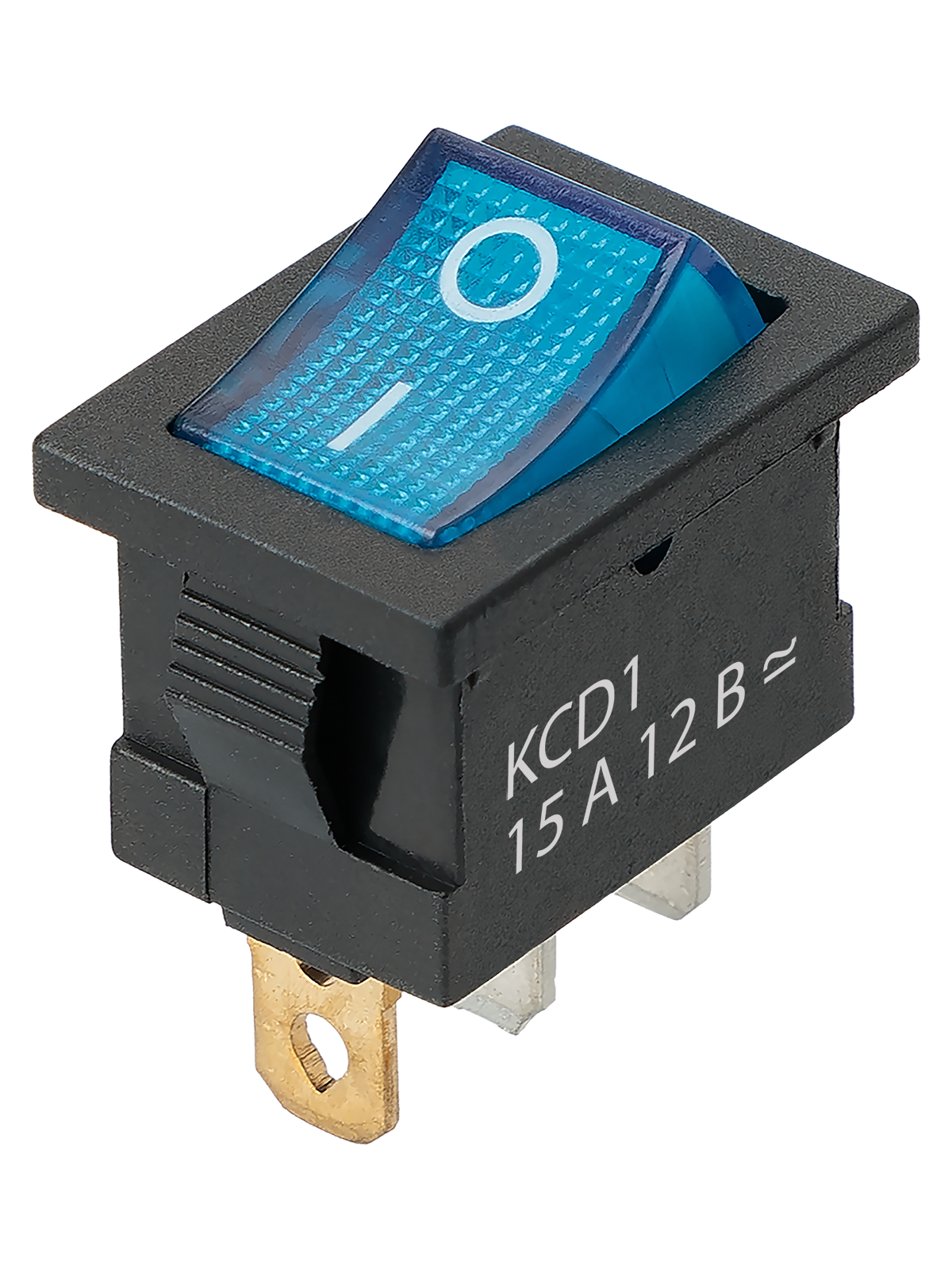 Выключатель клавишный KCD1-101N 12В AC/DC, 1P, 15А, (3с), ON-OFF, черный корпус, синяя клавиша с LED подсветкой, Mini TDM