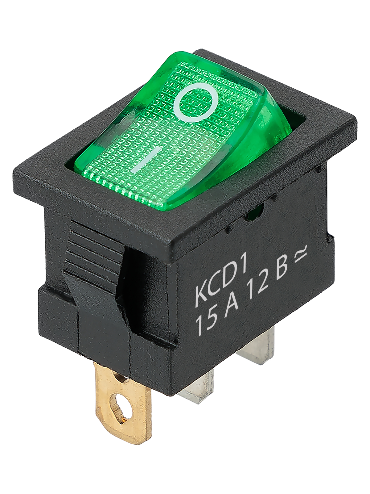 Выключатель клавишный KCD1-101N 12В AC/DC, 1P, 15А, (3с), ON-OFF, черный корпус, зеленая клавиша с LED подсветкой, Mini TDM — изображение 3