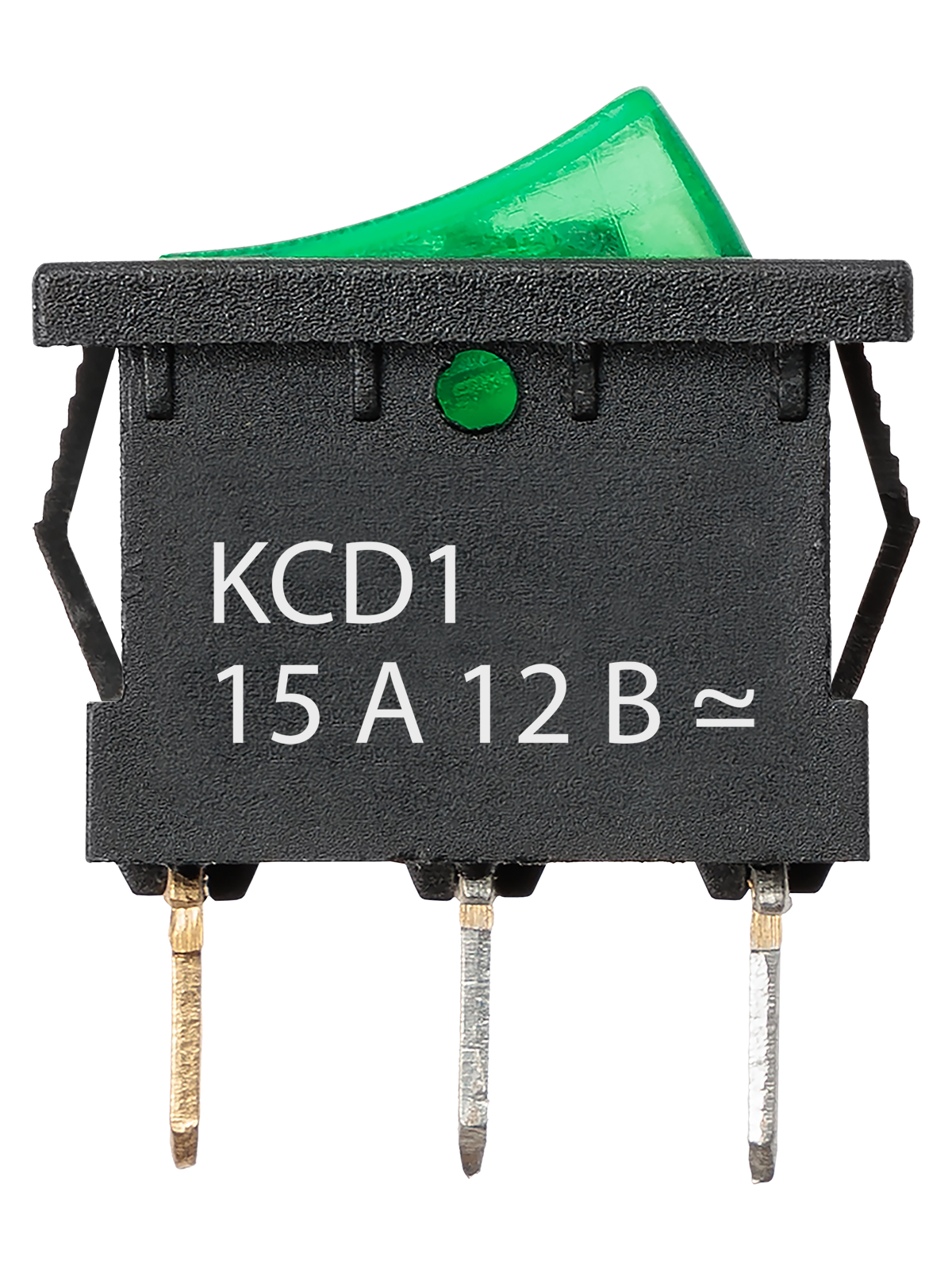 Выключатель клавишный KCD1-101N 12В AC/DC, 1P, 15А, (3с), ON-OFF, черный корпус, зеленая клавиша с LED подсветкой, Mini TDM — изображение 2